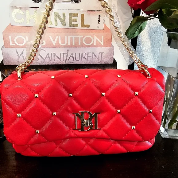 Badgley Mischka Red Quilted Chain Shoulder Bag.